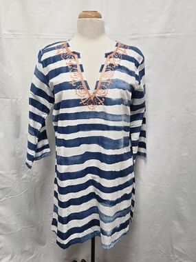 Blossom Boutique Striped V-Neck Tunic with Coral Embroidery